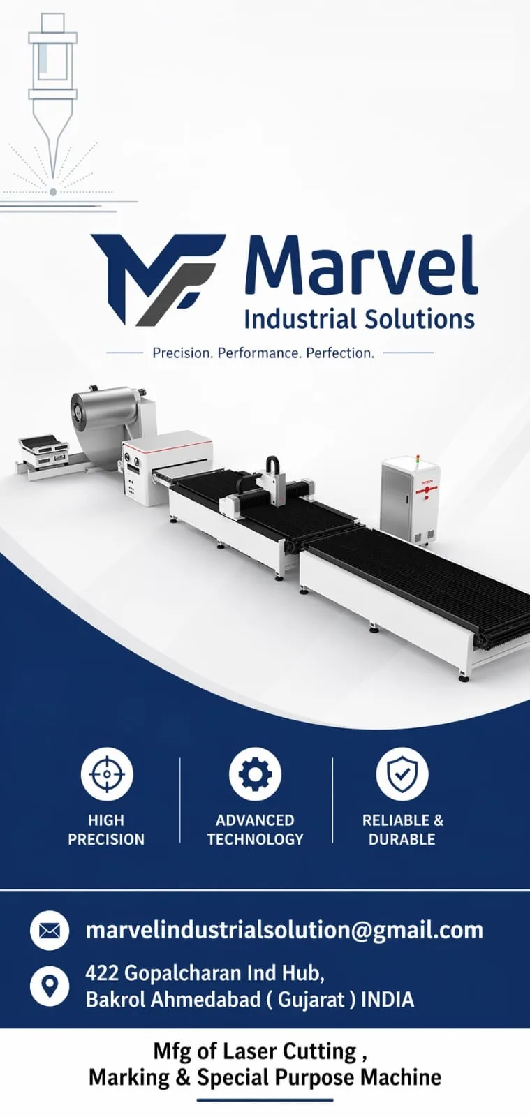 Marvel Industrial Solution contact card with laser machine and company details Marvel Industrial Solution contact card with laser machine and company details